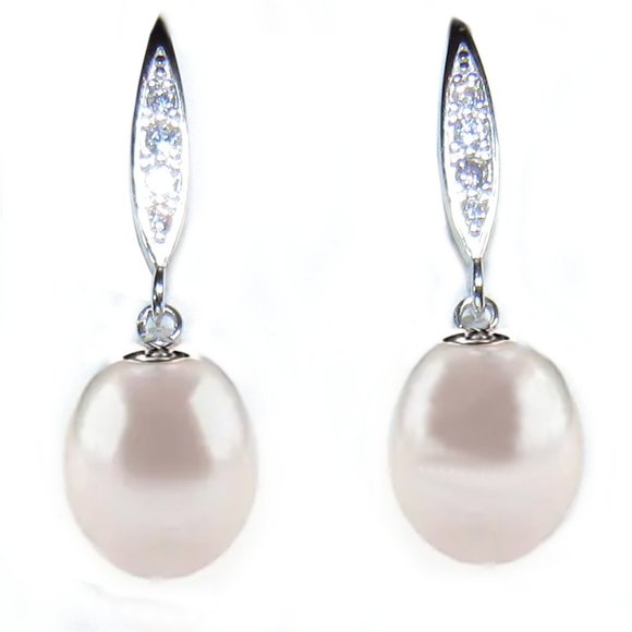 CZ Pearl Earrings on Sterling Silver Hooks new 10mm pendant drops with bling - Picture 1 of 2